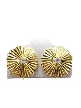 D'Orlan Gold Tone Round Ridge Rhinestone Clip On Earrings, Signed